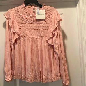 Grace+Karma women’s top S blouse pink vintage style w/ruffles & crochet trim NWT